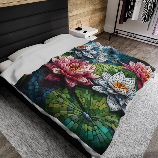 Waterlily Mosaic Plush Velveteen Blanket. A mosaic of the waterlily, a July birth flower. For July birthdays or waterlily lovers.