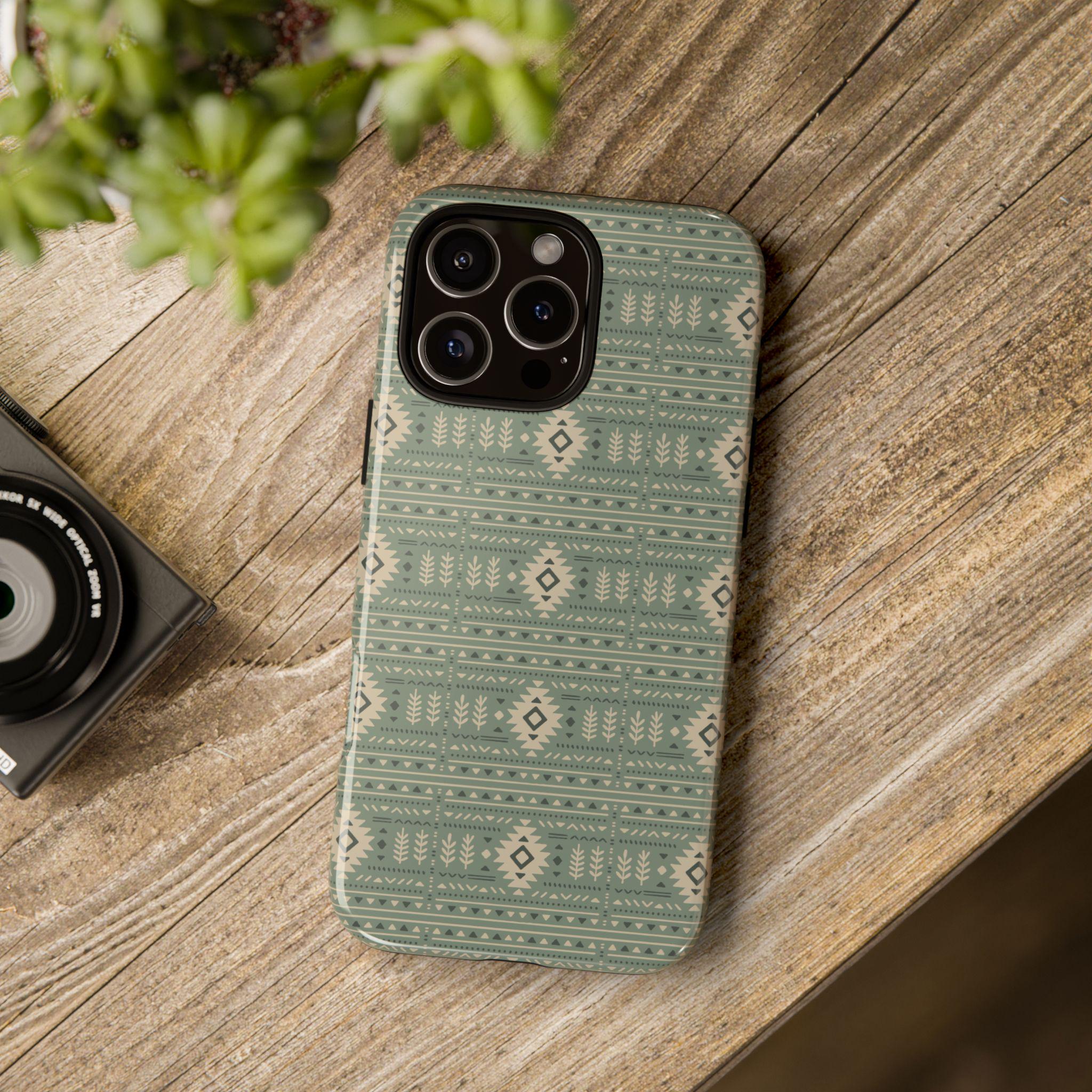 Modern Boho Tribal Phone Case. Earthy diamonds, branches and rustic geometric shapes in sage green, sand and charcoal. Many phone models