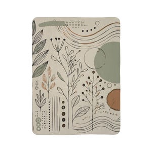 Minimalistic Boho Fleece Sherpa Blanket. Featuring sketched leaves and abstract shapes in sage green, terracotta, and cream. 2 sizes.