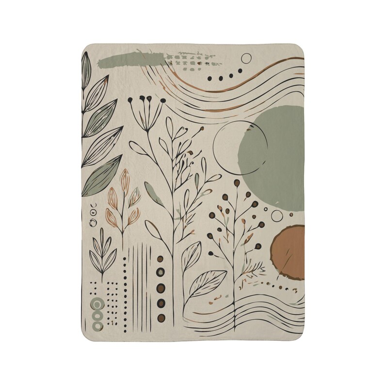 Minimalistic Boho Fleece Sherpa Blanket. Featuring sketched leaves and abstract shapes in sage green, terracotta, and cream. 2 sizes.