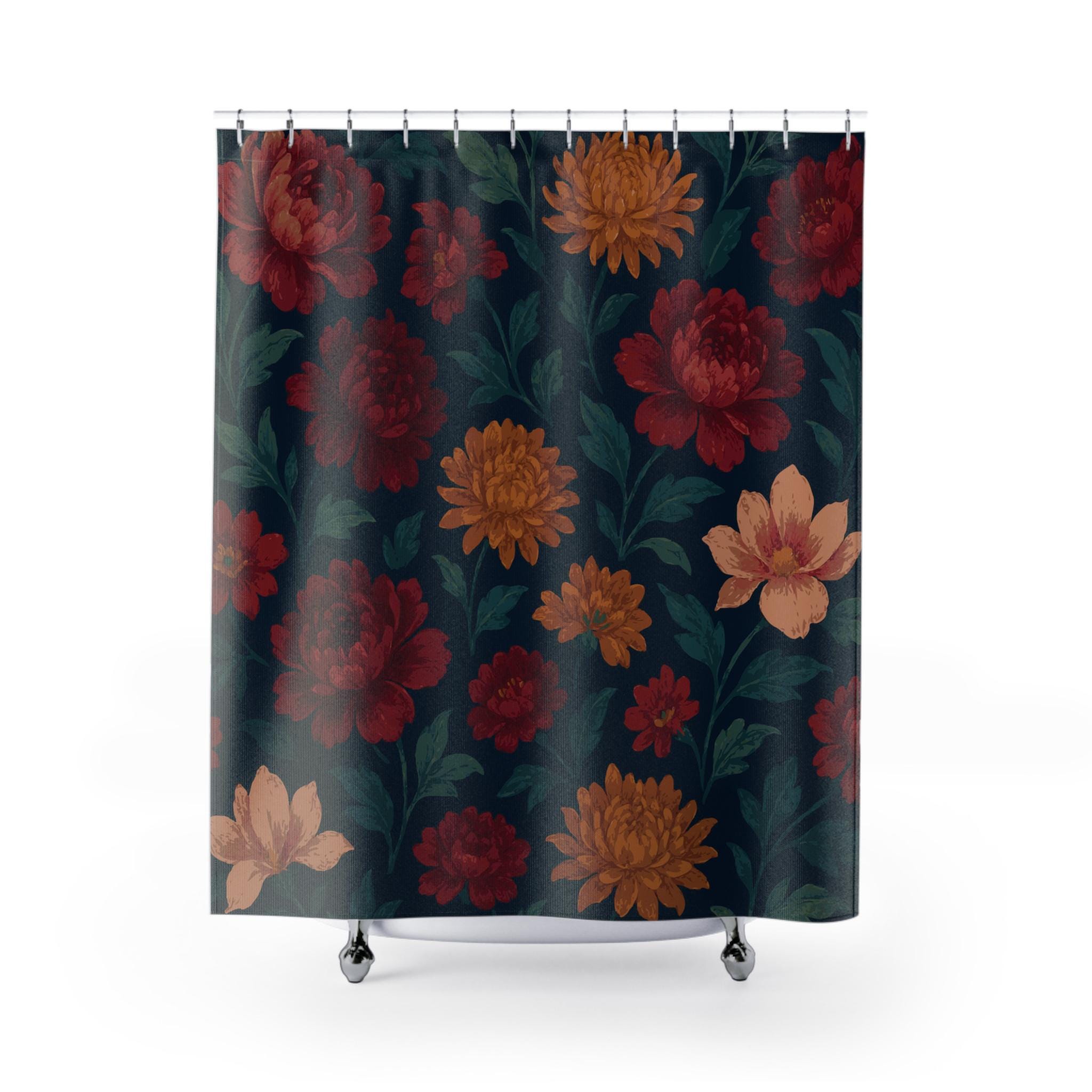Set Tenda Doccia Floreale Blu 182x183 Cm - Motivo Acquerello Con Fiori Dorati E Foglie, Con 12 Ganci