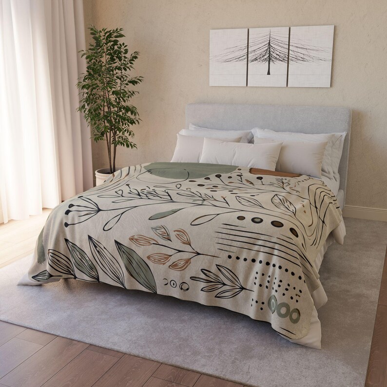 Minimalistic Boho Fleece Sherpa Blanket. Featuring sketched leaves and abstract shapes in sage green, terracotta, and cream. 2 sizes.