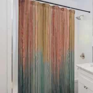May include: A colourful shower curtain with vertical stripes in shades of red, orange, yellow, green, and blue. The stripes are faded and blurred, creating a watercolour effect.