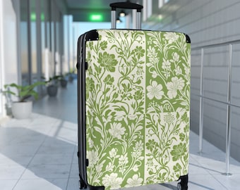 Lime Blossom Chinoiserie Suitcase. Features a vibrant and fresh lime green color punctuated with light creamy green botanical patterns.