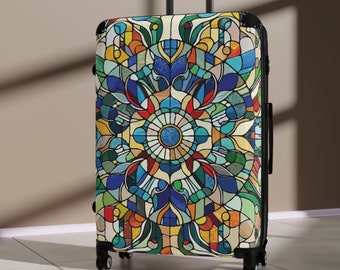 Stained Glass Mosaic Suitcase. Inspired by the beauty of stained glass windows, this luggage features a kaleidoscope of colors. 3 sizes.