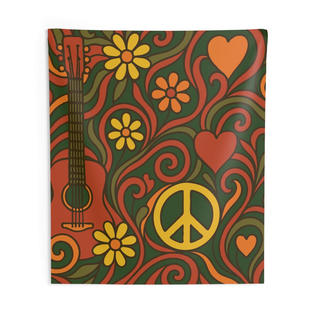 Psychedelic Hippie Tapestry. Earthy Florals, Hearts, a Peace Sign