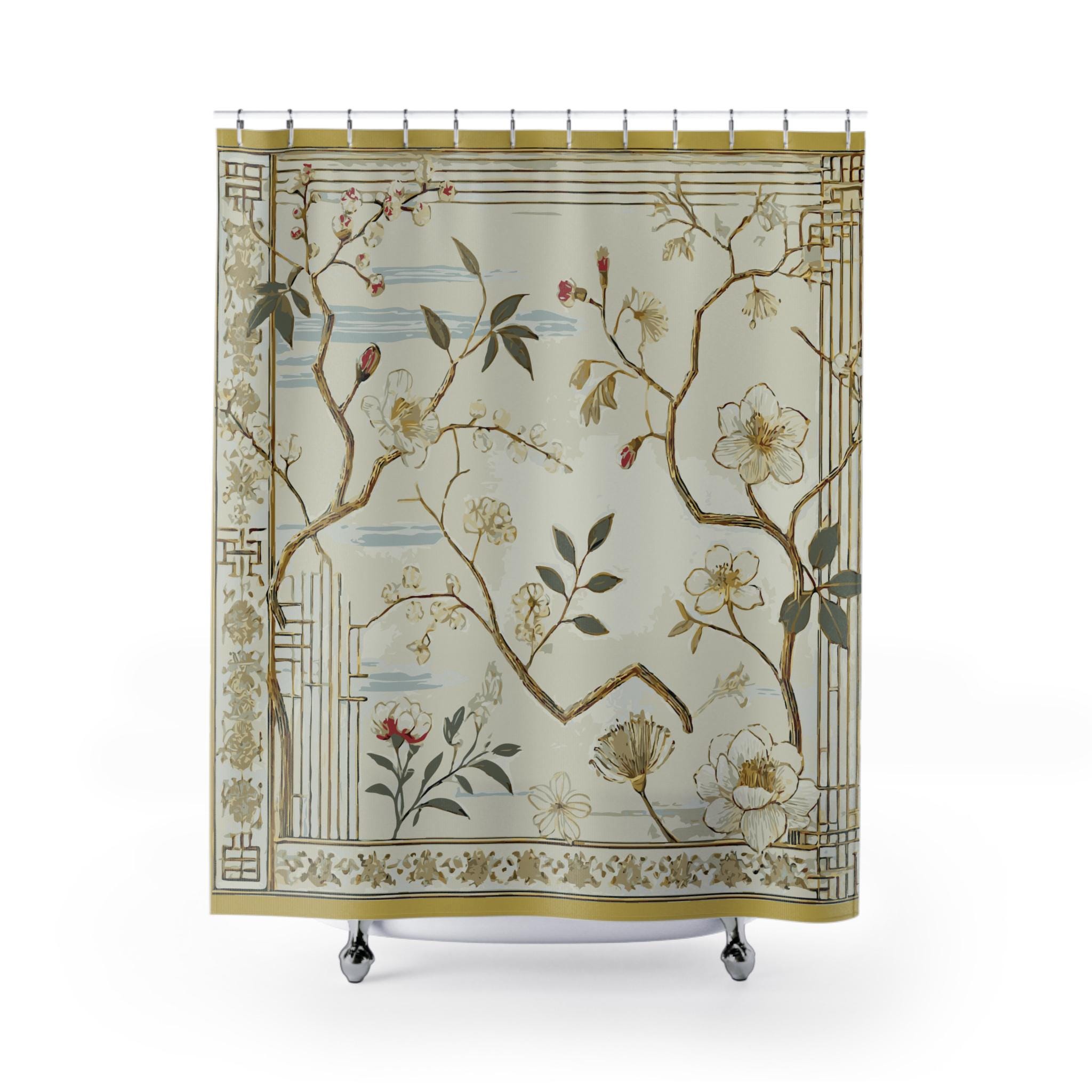 Vintage Chinoiserie-Inspired Cloth Shower Curtain. Designed to evoke the charm and character of an antique tapestry of gold branches.