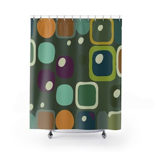 Modern Geometric Cloth Shower Curtain. Featuring abstract pattern of large rounded squares, this curtain adds a touch of 1960s retro charm.