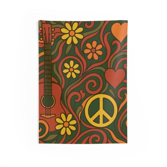 Psychedelic Hippie Tapestry. Earthy Florals, Hearts, a Peace Sign