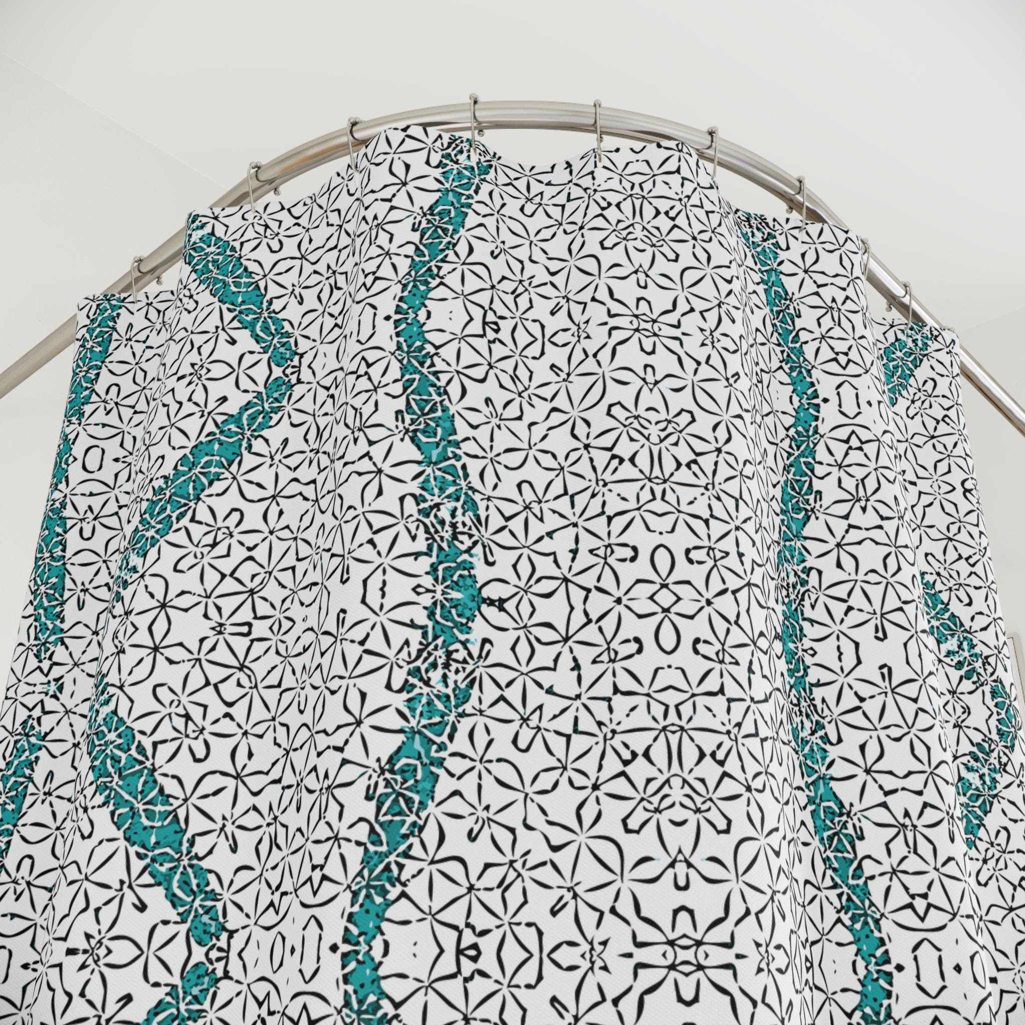 モダンな幾何学模様の布製シャワーカーテン。繊細な白黒のレースの背景