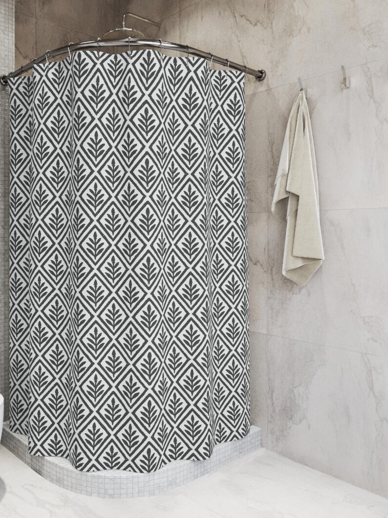 Charcoal Botanical Diamond Shower Curtain. A distressed repeating pattern of diamond shapes, each framing a sketched botanical sprig.