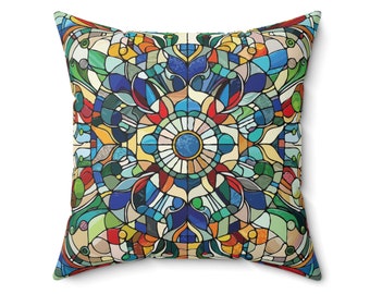 Almohada de mosaico de vidrieras. Un homenaje deslumbrante y colorido al arte atemporal de las vidrieras de colores. 4 tamaños.
