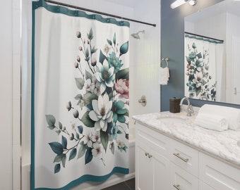 Teal Floral Cloth Shower Curtain.  Blooming flowers and soft foliage in shades of teal, blue, and blush pink create a romantic, serene feel.