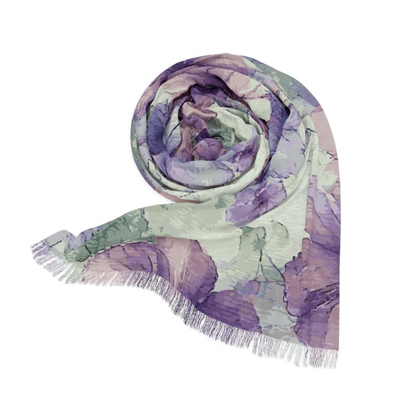 Watercolor Violet Scarf. Featuring an elegant watercolor design with soft ethereal flowers in shades of violet, lavender and subtle greens.