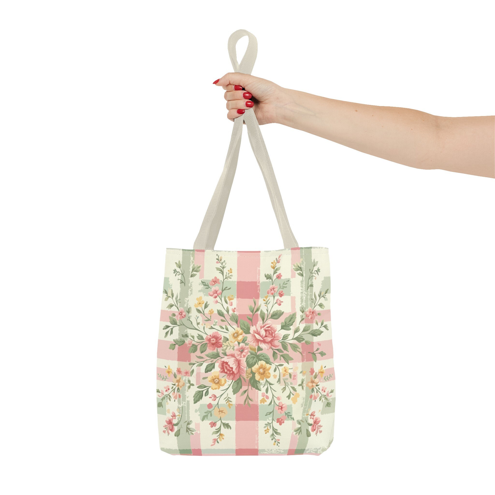 Vintage Inspired Floral Gingham Tote Bag. A Charming Blend of Classic Gingham and Romantic Florals in Soft Pink and Green. 3 Sizes. Etsy UK