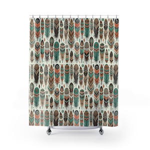 May include: A shower curtain with a pattern of colorful feathers on a cream background. The feathers are in shades of teal, brown, orange, and white.