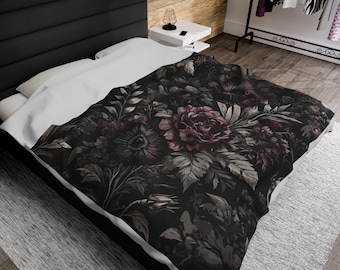 Gothic Dark Floral Velveteen Plush Blanket. Featuring dark florals with deep purples, blacks, and reds evoking a moody vibe. 3 sizes.