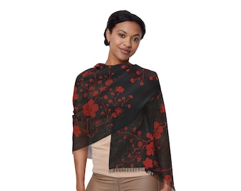 Red Cherry Blossom on Black Scarf. A bold and modern design with vibrant red cherry blossom florals and branches elegantly spread on black.