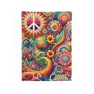 May include: A colorful psychedelic pattern with a peace sign, a globe, and flowers. The background is a mix of orange, yellow, green, blue, and purple.