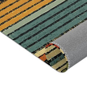 Worn Look Retro Area Rug. Featuring circles and stripes in an earthy color palette of deep orange, mustard yellow, olive green, and teal.