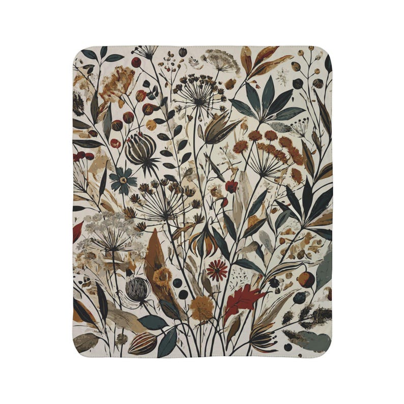 Whimsical Botanical Fleece Sherpa Blanket. Featuring an intricate design of various flowers, leaves, and branches in earthy tones. 2 sizes.