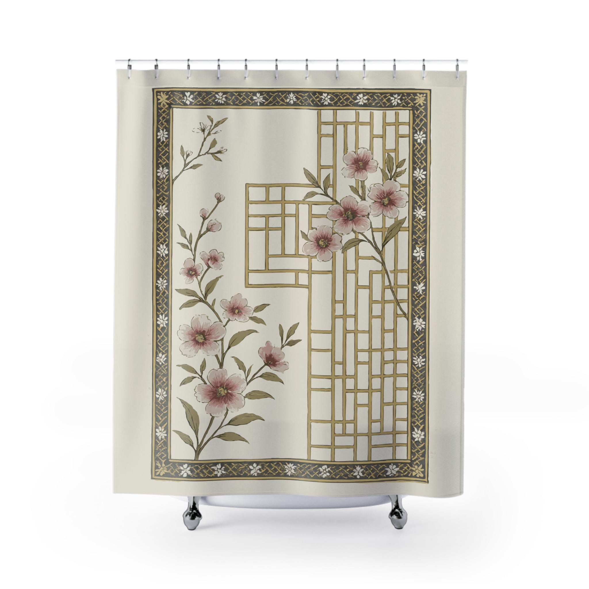 Cherry Blossom Chinoiserie Cloth Shower Curtain. Graceful cherry blossom branches in pink, gold and sage against a cream background.