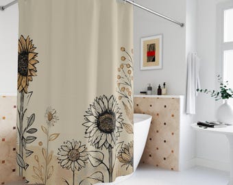 Boho Sunflower Cloth Shower Curtain. Featuring sunflower illustrations in soft, earthy tones of mustard yellow, sand, and sage green.