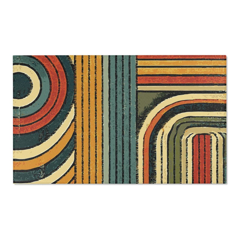 Worn Look Retro Area Rug. Featuring circles and stripes in an earthy color palette of deep orange, mustard yellow, olive green, and teal.