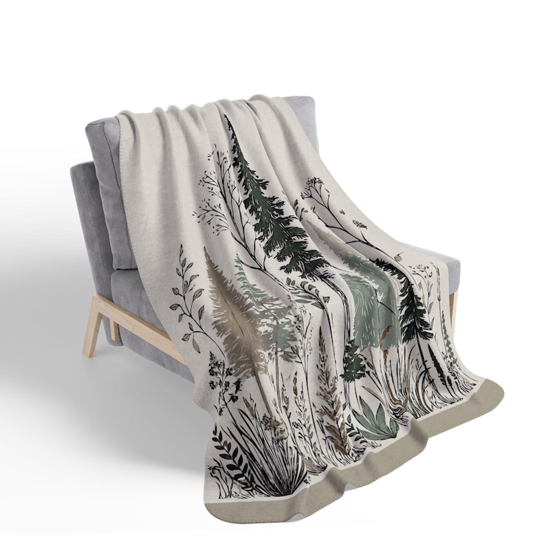 Rustic Woodland Fleece Sherpa Blanket. Featuring  sketched line art of pine trees, delicate ferns, and various woodland plants. 2 sizes.