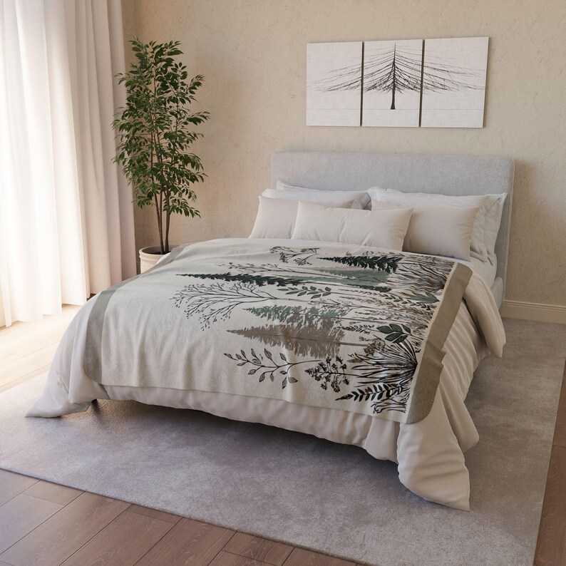 Rustic Woodland Fleece Sherpa Blanket. Featuring  sketched line art of pine trees, delicate ferns, and various woodland plants. 2 sizes.