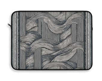 Funda para portátil con rayas onduladas. Esta funda en tonos grises presenta arte abstracto en una fascinante onda monocromática. 3 tamaños.