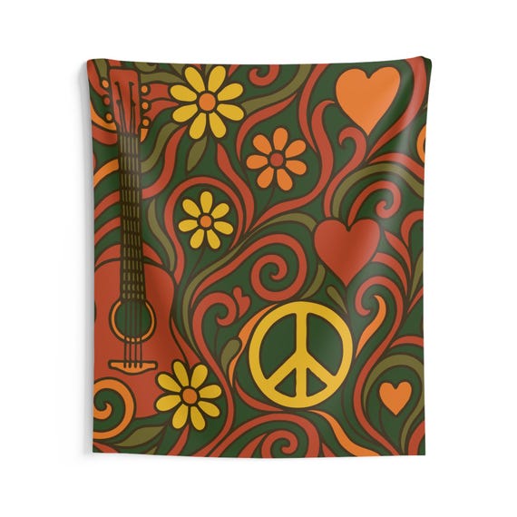 Psychedelic Hippie Tapestry. Earthy Florals, Hearts, a Peace Sign