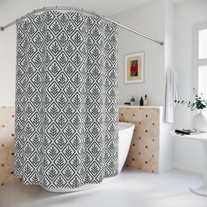 Charcoal Botanical Diamond Shower Curtain. A distressed repeating pattern of diamond shapes, each framing a sketched botanical sprig.