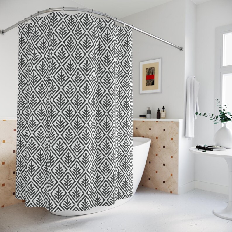 Charcoal Botanical Diamond Shower Curtain. A distressed repeating pattern of diamond shapes, each framing a sketched botanical sprig.