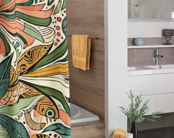 Dschungel Motiv Duschvorhang. Ein Wandteppich aus Flora und Fauna entfaltet sich in lebendigen Farbtönen und schafft eine bezaubernde Zuflucht in Ihrem Badezimmer.