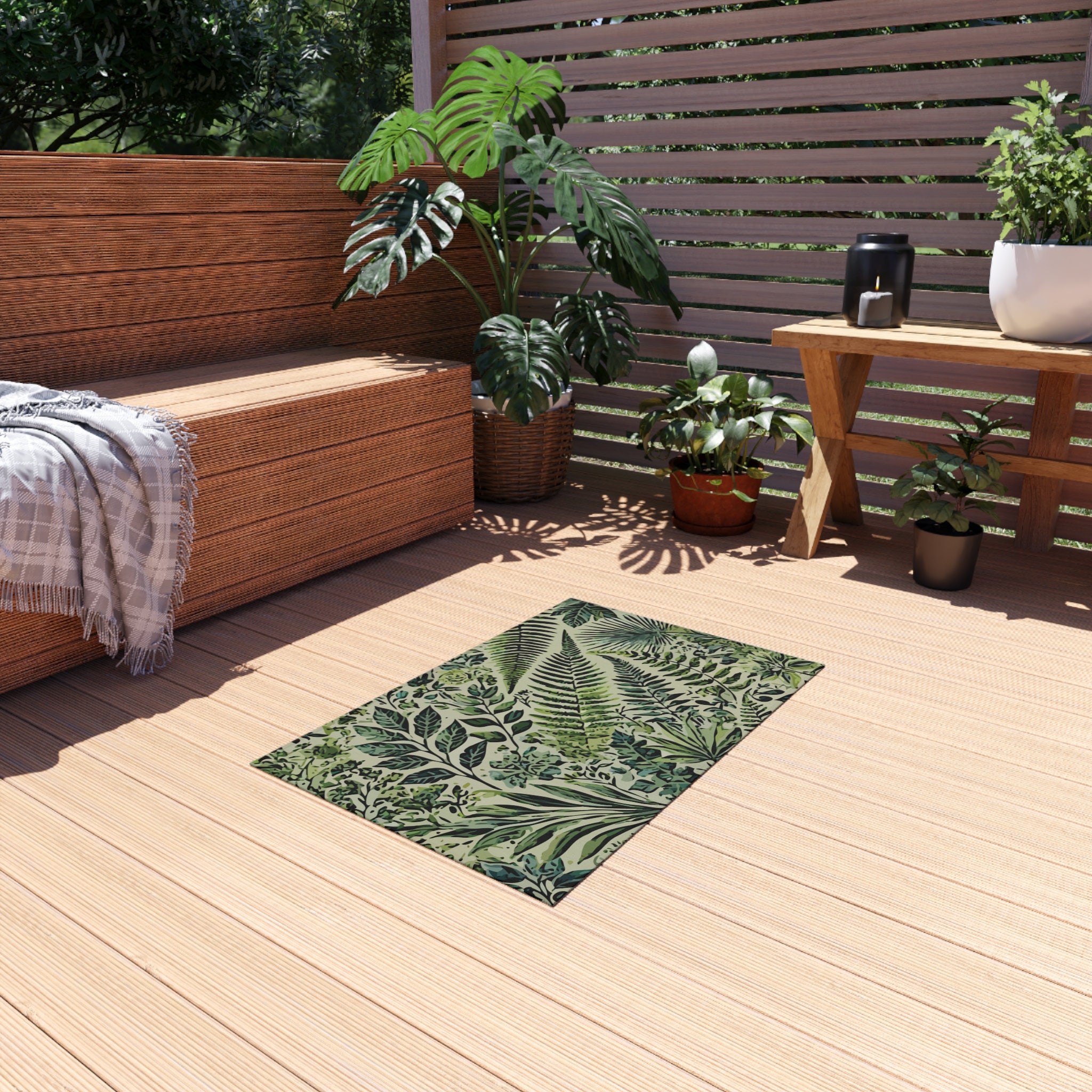 Green Botanical Outdoor Rug. Featuring Various Vibrant Green Leaves and ...