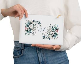 Custom Initial Floral Cosmetic Bag. Flowers in teal, pink, and white. Select a letter from A to Z. Bridesmaid or birthday gift.