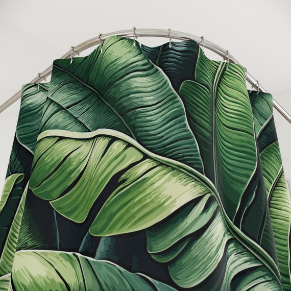 Tropical Leaves Shower Curtain - 70x70 Inches Palm Leaf Banana Floral Watercolor Bathroom Decor With Hooks (Green Pink)