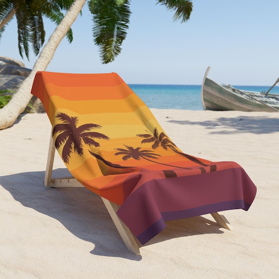 Retro Sunset Palm Beach Towel. Silhouetted Palm Trees Swaying