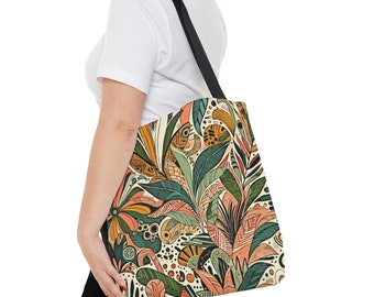 Tropical Jungle Tote Bag. A vibrant print of exotic plants and flowers, bursting with rich earth colors and intricate patterns. 3 sizes.
