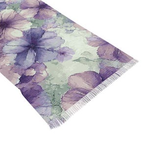 Watercolor Violet Scarf. Featuring an elegant watercolor design with soft ethereal flowers in shades of violet, lavender and subtle greens.