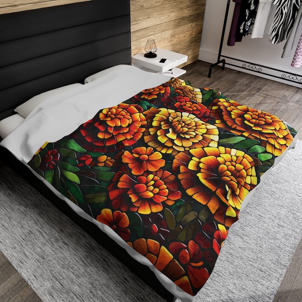 Marigold Mosaic Plush Velveteen Blanket. A mosaic of the marigold, an October birth flower. For October birthdays or marigold lovers.