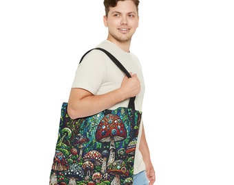 Mystical Forest Mushrooms Tote Bag. A vivid design of various mushrooms set against a backdrop of a lush, mystical forest. 3 sizes.