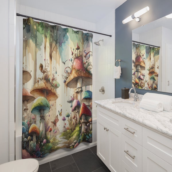 Mushroom Forest Cloth Shower Curtain. Adorned with a dreamlike fantasy scene that would be a delight for children and adults alike.