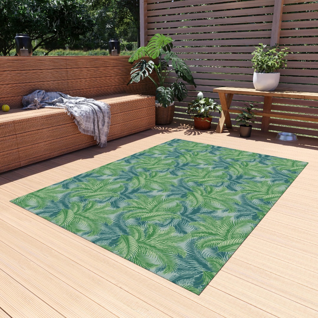 Palm Rug Green and Teal Palm Leaves Outdoor Rug. Featuring Palm Leaves in Shades ...