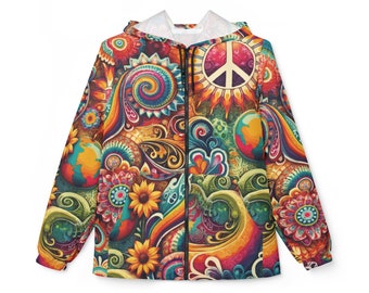 60er Jahre Windjacke im Spirit der 60er Jahre. Unisex. Dieses lustige, psychedelische Design strotzt vor Paisley-Mustern, Sonnenblumen und Peace-Symbolen.
