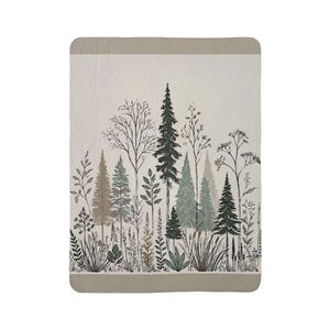 Rustic Woodland Fleece Sherpa Blanket. Featuring  sketched line art of pine trees, delicate ferns, and various woodland plants. 2 sizes.