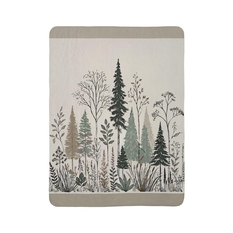 Rustic Woodland Fleece Sherpa Blanket. Featuring  sketched line art of pine trees, delicate ferns, and various woodland plants. 2 sizes.