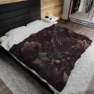 Dark Gothic Floral Velveteen Plush Blanket. Dramatic moody flowers in deep, rich shades of dark purples, crimson, gray, and black. 3 sizes.