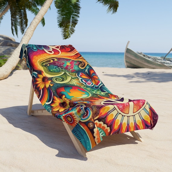 Retro Vibes & Peace Beach Towel. Embrace the Summer of Love and